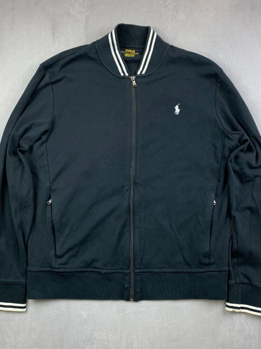 Ralph Lauren Polo Mens Sweater Large Black Knit Cotton Baseball Jacket Stripes